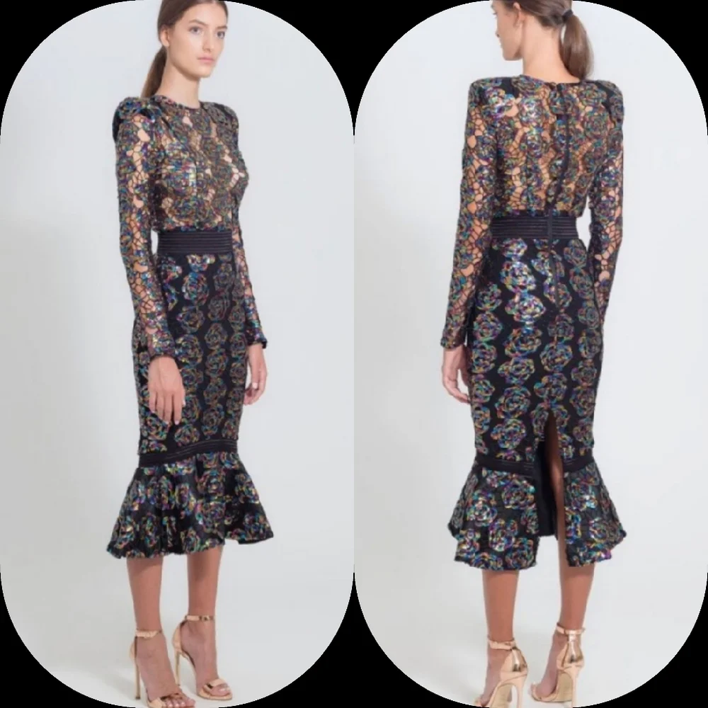 🤑SOLD🤑ZHIVAGO MOKAI NIGHTS SEQUINED LACE CALF-LENGTH DRESS - Picture 3 of 16